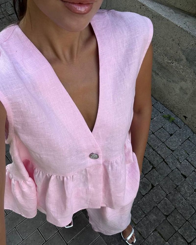 Nuovo 2025 rosa dolce completo due pezzi tutto in cotone con scollo a V, canotta senza maniche e pantaloni lunghi per donna_voghion.com