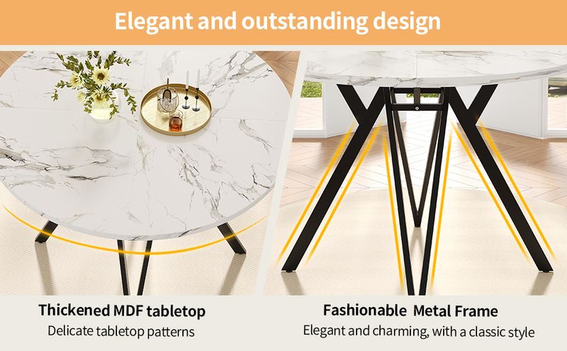5-teiliges Esstisch-Set Mit Runder Tischplatte (Ø100 Cm), Schwarze Metallbeine, MDF-Marmoroptik, Graue Leinenstühle_voghion.com