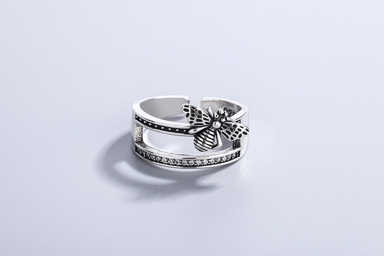 Sterling Venus Sier Osobnost Zvíře Včela Černá Cubic Zirconia Stones Otevřený prsten Ženy Móda Retro Žid_voghion.com