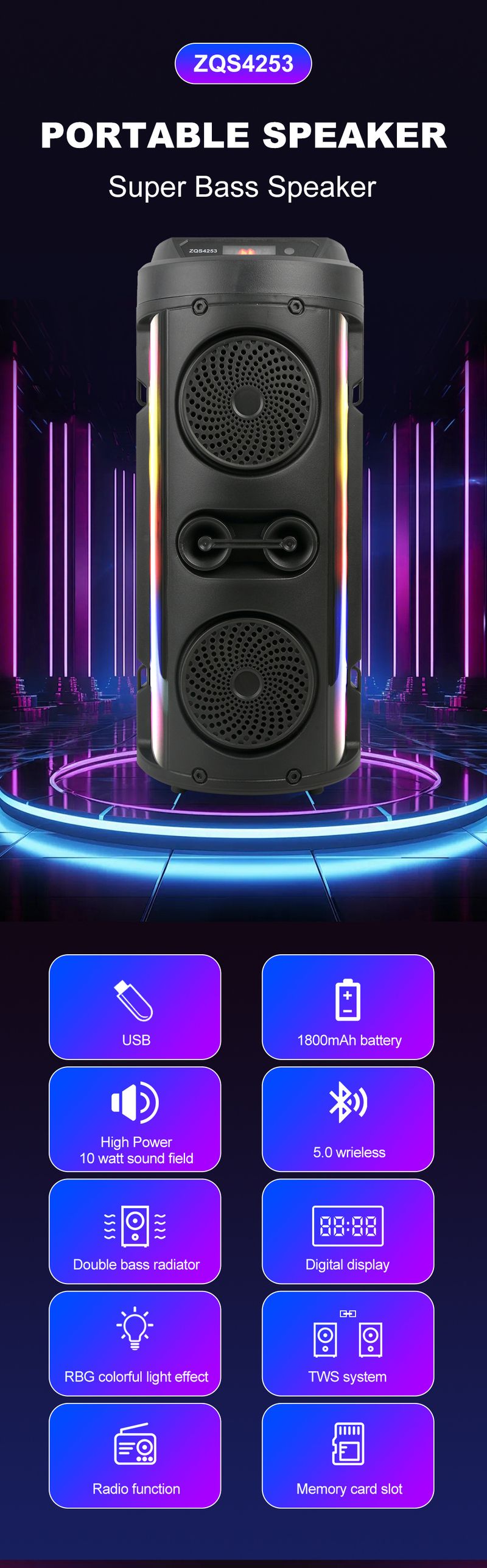 ZQS4253 Utomhus Med Solar Laddningsantenn Bluetooth Audio Speaker Party_voghion.com