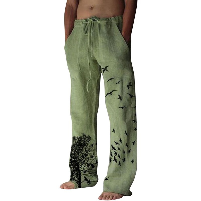 Heren katoenen zomer nieuwe ademende boom- en vogelprint trekkoord linnen broek Fiess streetwear mannelijke dagelijkse casual broek_voghion.com