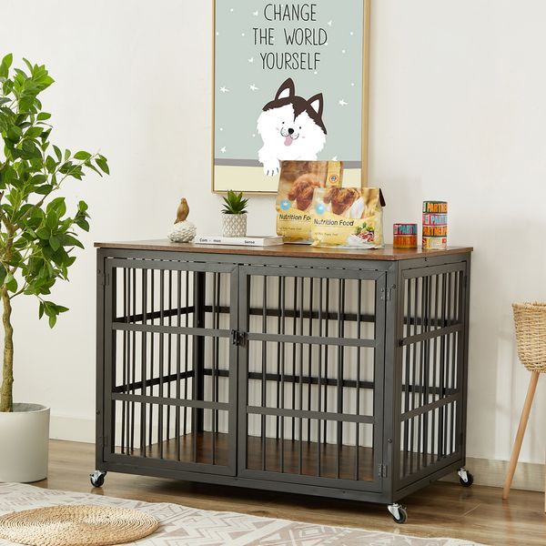 Furniture Style Dog Crate Wrought Iron Frame Door With Side Openings, Grey, 43.3''W X 29.9''D X 33.5''H._voghion.com