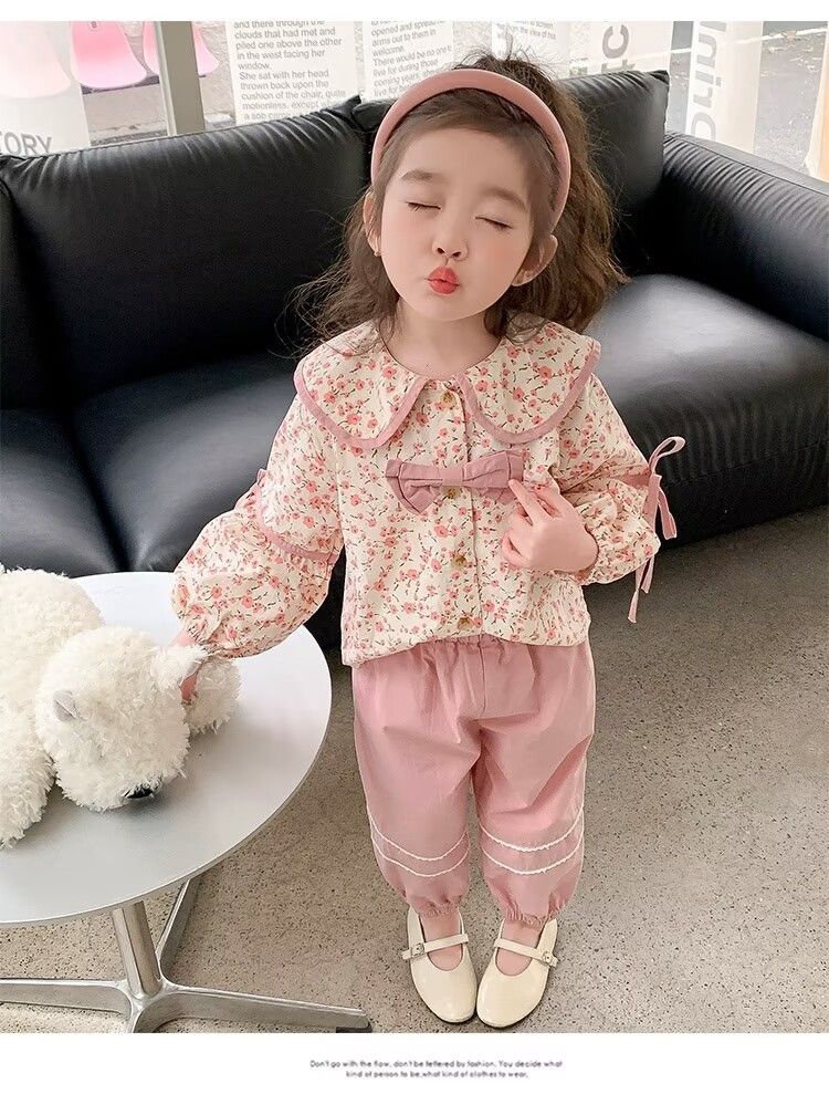 Ragazze e autunno 2023 nuova moda femminile bambino primavera collezione bambini floreale fiocco due pezzi set_voghion.com