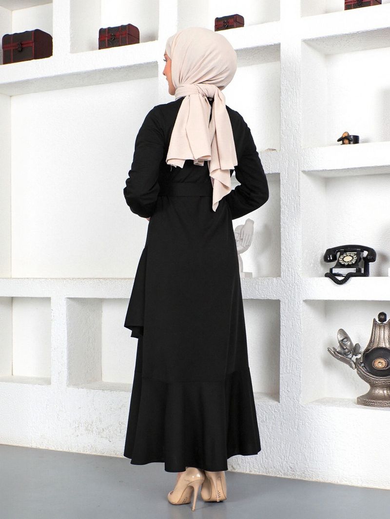 Schlichtes muslimisches Kleid mit langem Rock – Doppellagige Rüschentaille, einfarbig gestrickt (Dunkelgrün/Schwarz, S-XL)_voghion.com