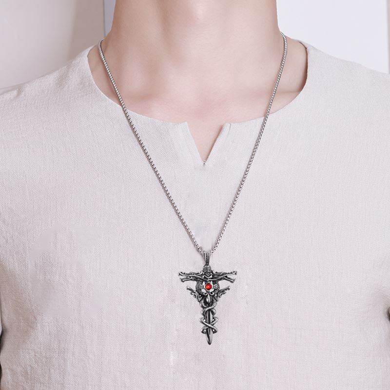 Fashion Double Dragon Sword Titanium Steel Necklace Pendant Retro Punk Cross Lucky Fortune Men's Accessories Jewelry _voghion.com