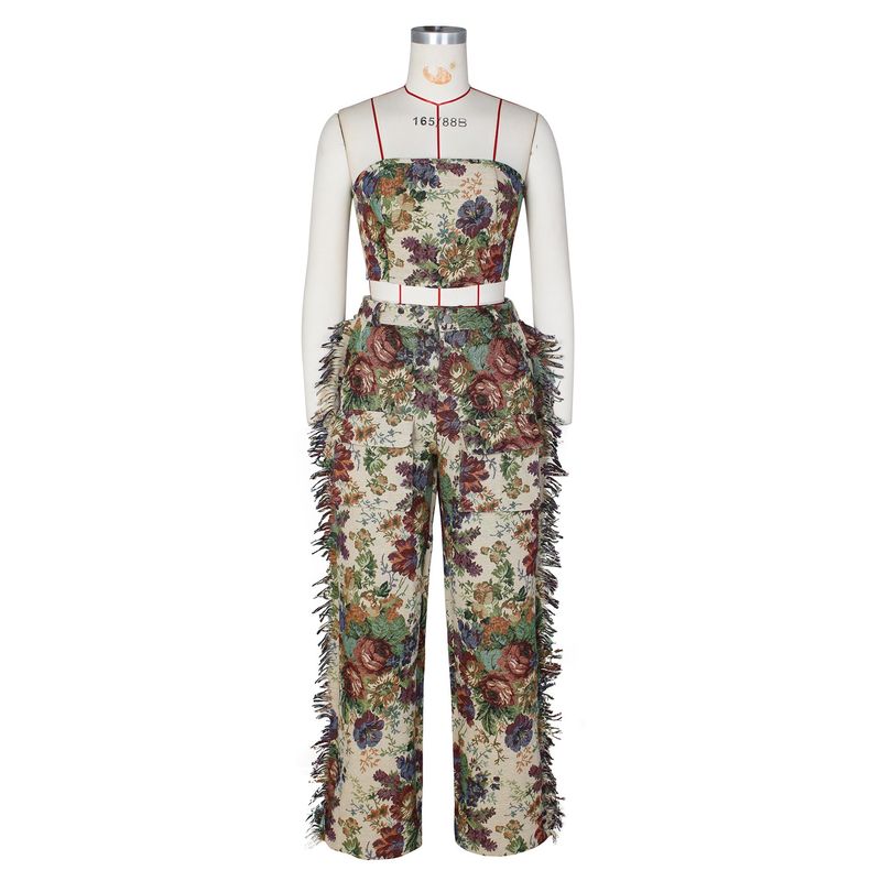 Sexy kanten tubetop met kwastjes, lange broek en jacquard-modeset voor dames_voghion.com