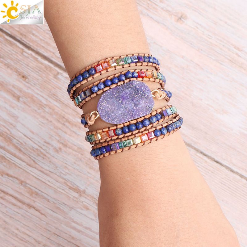 CSJA Irregular Crystal Multi-layer Wrapped Leather Purple Druzes Quartz Beaded Bohemian Handmade Bracelet_voghion.com