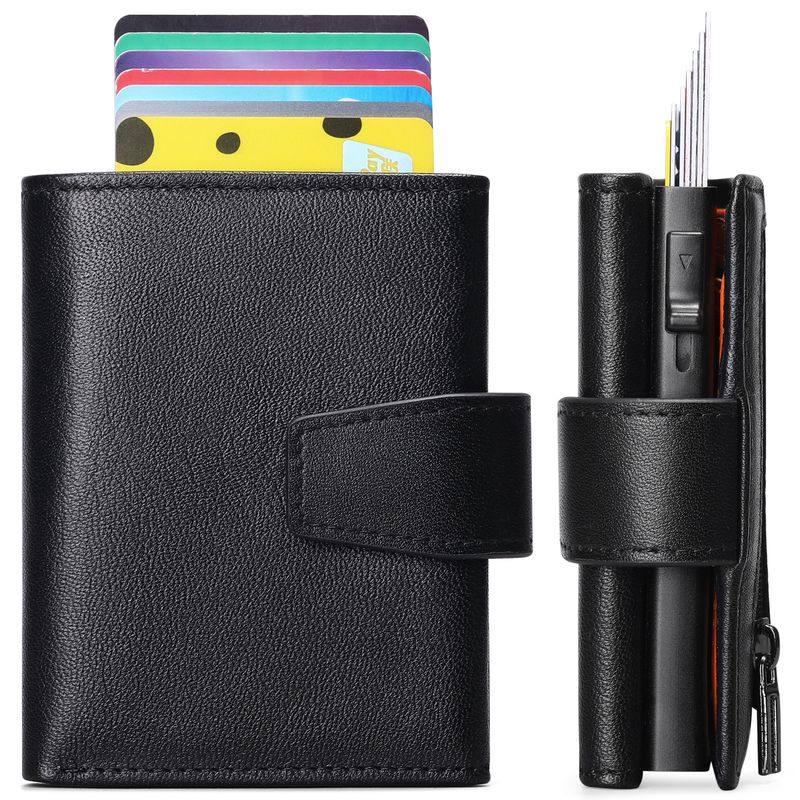 Cartera de cuero para hombre, capa superior de piel de vaca, tarjetero automático de aleación de aluminio, clip para billetes multifuncional para hombre_voghion.com