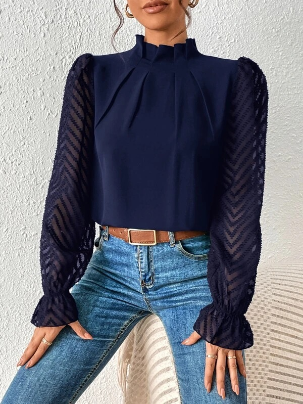 Damenbekleidung Herbst und Winter neue halbhohe Kragennähte gewellte Chiffon-Langarmoberteile für Frauen_voghion.com