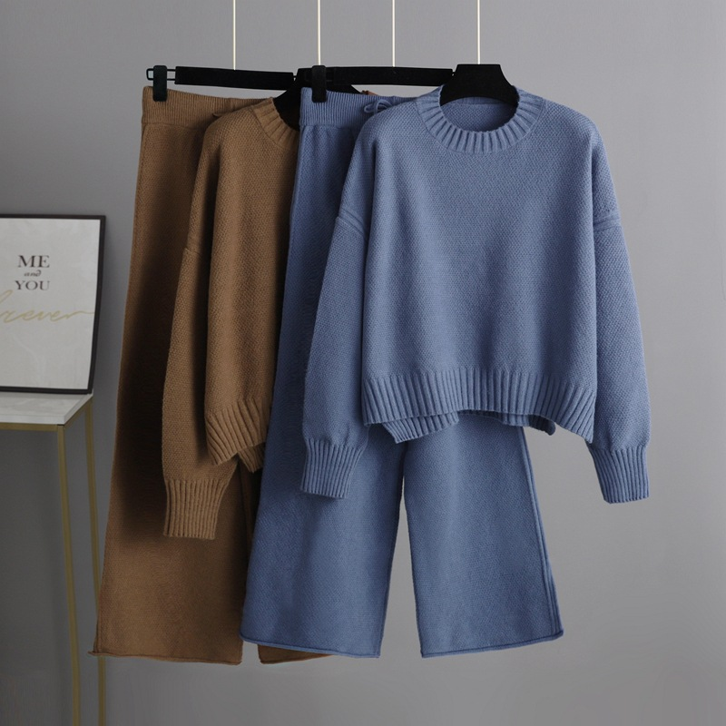 Dammekleeder Hierscht a Wanter nei Moud Casual Strickkostüm Hosen Dammenversioun locker Pullover Breetbeen Hosen Hosen Zwee-Stéck Set_voghion.com
