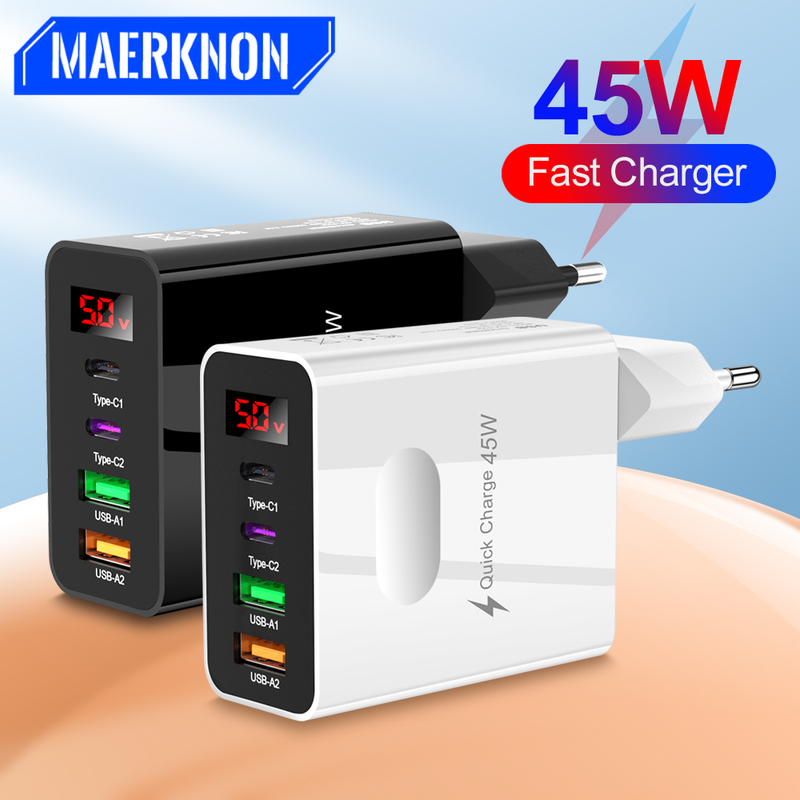 Hızlı 3.0 45W USB şarj iPhone 14, 13, 12 Samsung Xiaomi Poco LED Tipi için Hızlı şarj telefon adaptörü_voghion.com