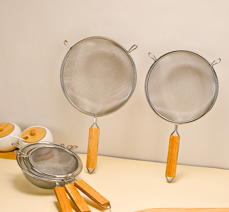 Stainless Steel Mesh Sieve Filter Wooden Handle, Oil Strainer, Flour Sieve, Multiple Sizes With Hanging Ear_voghion.com