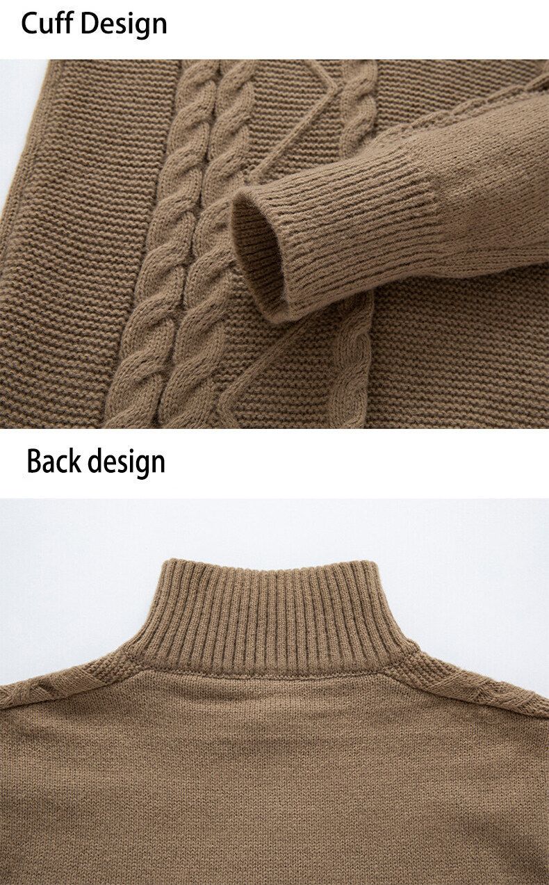 Maglione casual a maniche lunghe con mezza zip, in maglia lavorata a trecce, da uomo, per l'inverno (nero, grigio scuro, caffè, cachi)_voghion.com