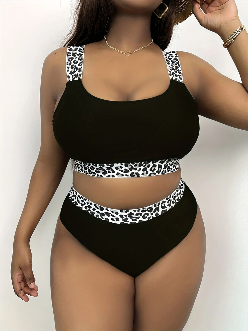 New Fat Mm Large Tank Top Solid Color Leopard Pattern Spliced High Waist Bikini DM326_voghion.com