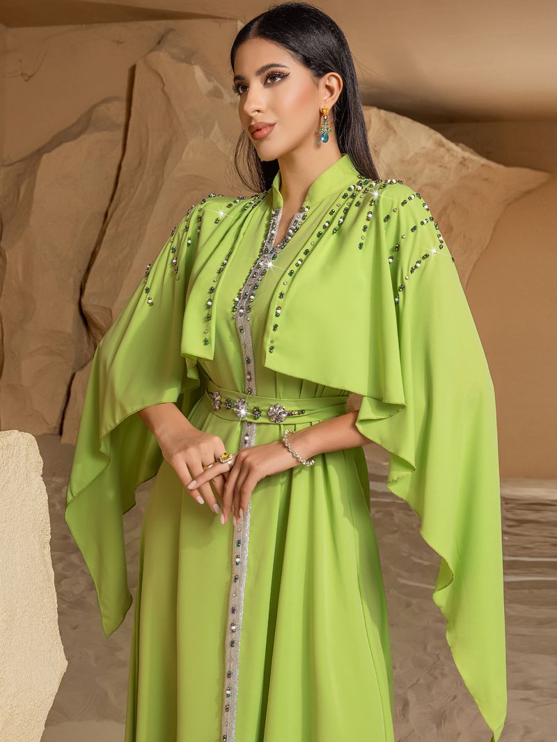 Robe châle à col mi-haut vert fruit pour femme, robe abaya en diamant cousue à la main_voghion.com