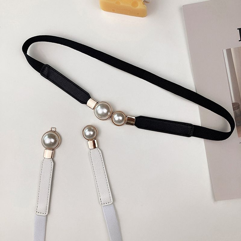 HOT Fashion Double Pearl Black Red White PU Leather Skirt Waist Elastic Thin Belts Waistband Women Belt for Dress_voghion.com
