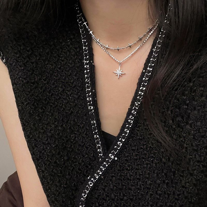 Sweet and cool six-pointed star necklace female ins hip-hop cold style simple clavicle chain 2023 new style necklace_voghion.com