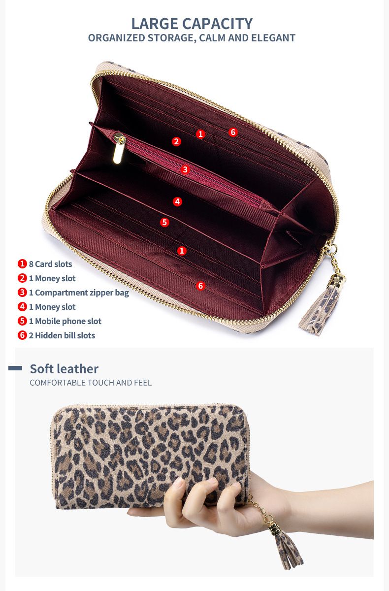 Carteira longa de luxo com estampa de leopardo e bloqueio RFID – Bolsa de couro genuíno fina com zíper e compartimentos para vários cartões para mulheres_voghion.com