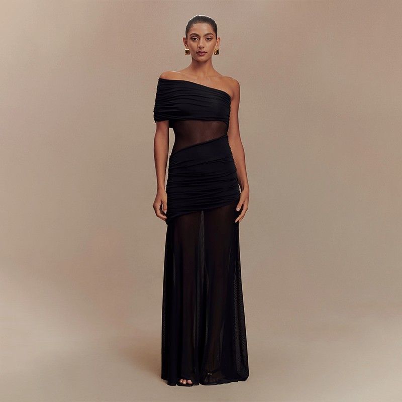 Abito bustier con pannello in rete trasparente e vita arricciata - Gonna midi fluida per donna, abbigliamento casual e per feste estive_voghion.com