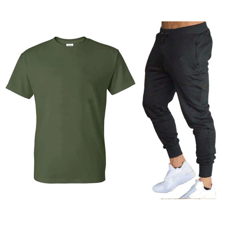 Vêtements d'été pour hommes, costume simple de couleur unie, T-shirt + pantalon en coton à col rond, ensemble deux pièces à la mode et polyvalent_voghion.com