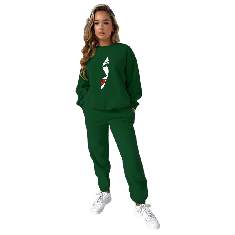 Zweiteiliges Damen-Set mit bedrucktem Kapuzenpullover und Rundhalsausschnitt_voghion.com