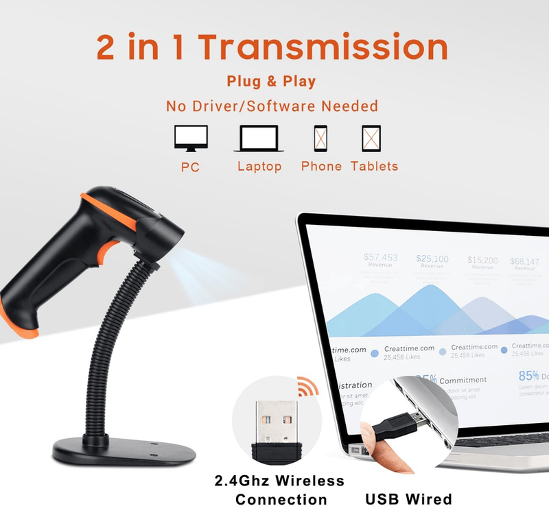 Barcode Scanner Wireless 1D Laser Cordless Barcode Reader With Battery Level Indicator, Versatile 2 In 1 2.4Ghz Wireless And USB 2.0 Wired With Stand Model 5100-Z_voghion.com