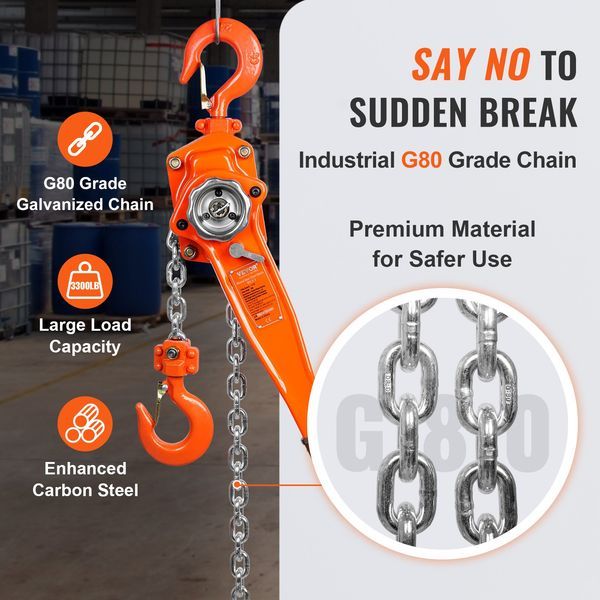 Manual Lever Chain Hoist, 1-1/2 Ton 3300 Lbs Capacity 10 FT Come Along, G80 Galvanized Carbon Steel With Weston Double-Pawl Brake,Auto Chain Leadin_voghion.com