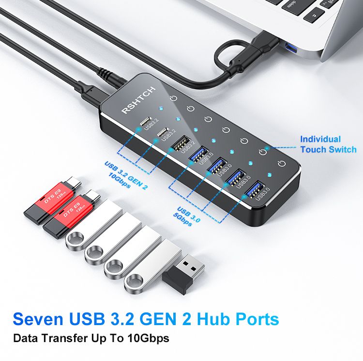 RSHTECH 7-Port Powered C Hub With 10Gbps USB-C 3.2 Ports Individual Touch Switches 5V/3A Pow Adapt Laptop USB_voghion.com
