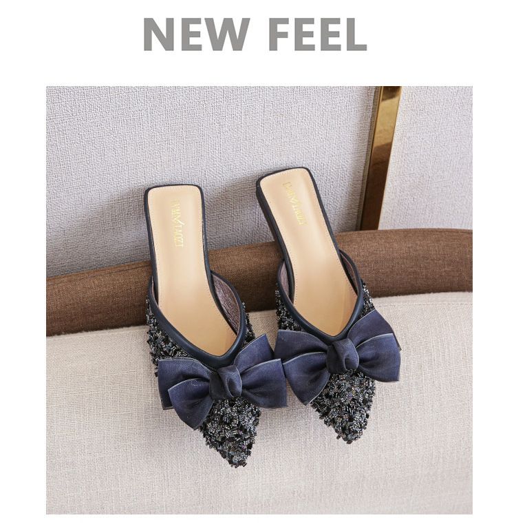 Halbschuhe Damen Sommer Neue Ein-Pedal-Tasche Kopfschuhe Flache Sohlen Strass Sandalen Große Größe 41-43_voghion.com