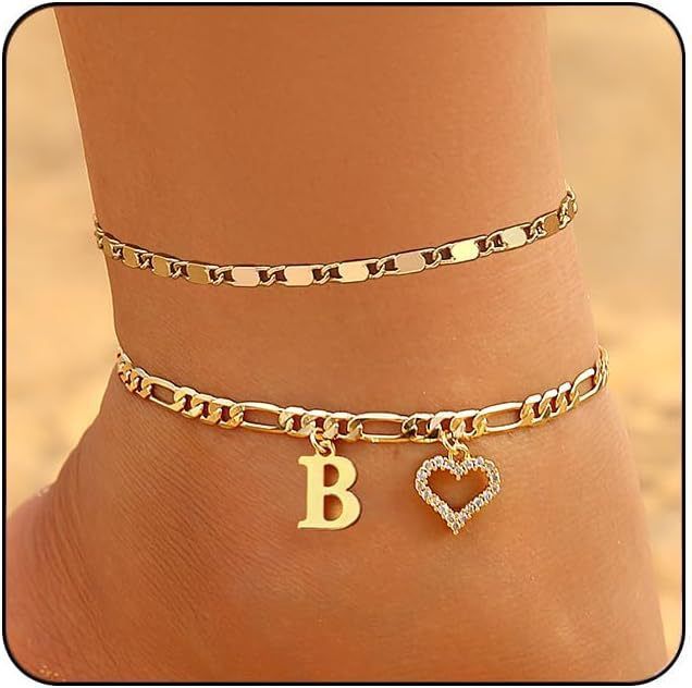 New English 26 Letters Heart Inlaid Zircon Pendant Anklet Double Layer Foot Chain Beach Vacation Accessories_voghion.com