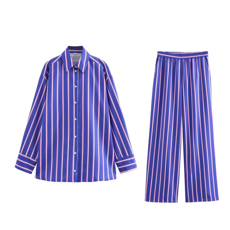 Women's 2024 summer new striped loose shirt straight leg pants set_voghion.com