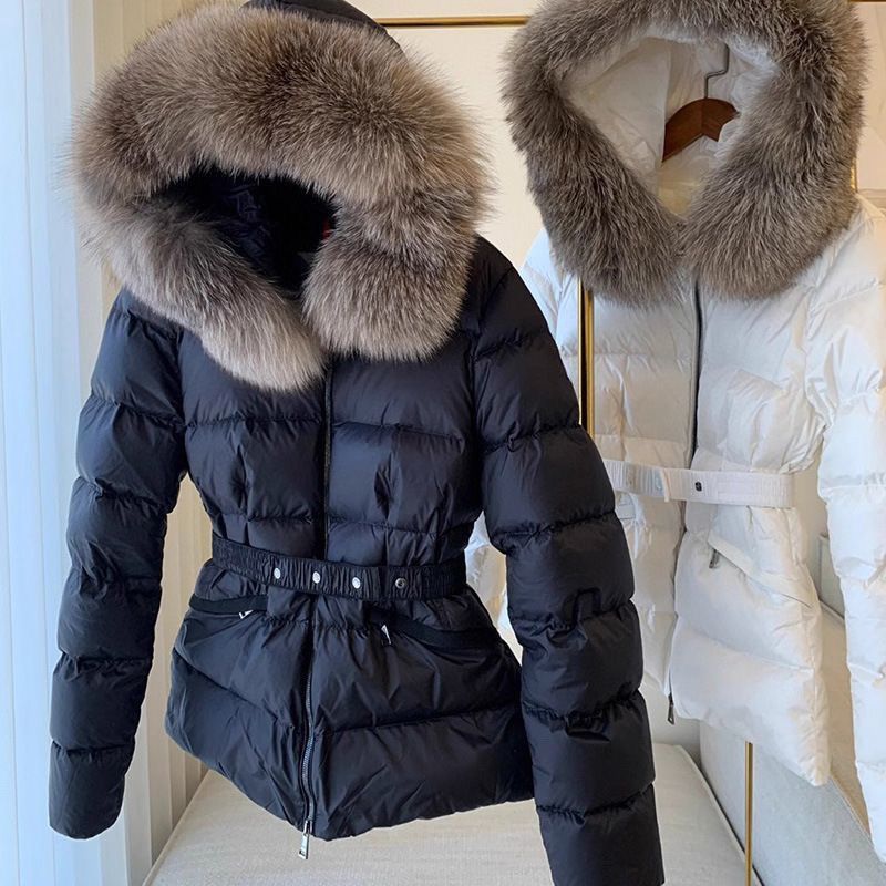 Raccoon Fur Collar 90% Goose Down Jacket Slim Waist High-End Women's Short Coat Winter White_voghion.com