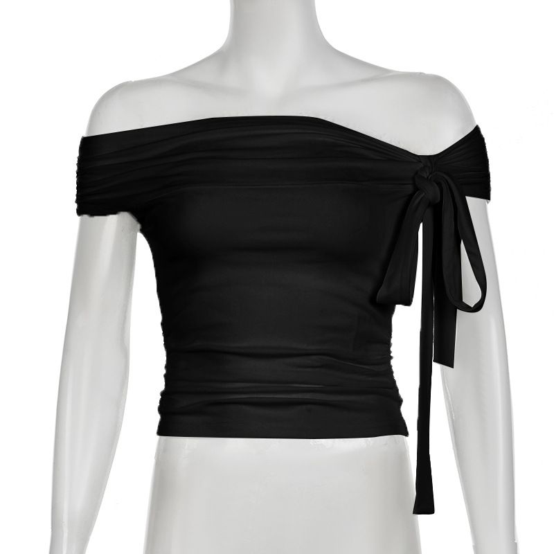 Top in maglia irregolare con nastro annodato dal design personalizzato per donna con scollo a spalle scoperte, maglietta estiva slim fit tinta unita di base_voghion.com