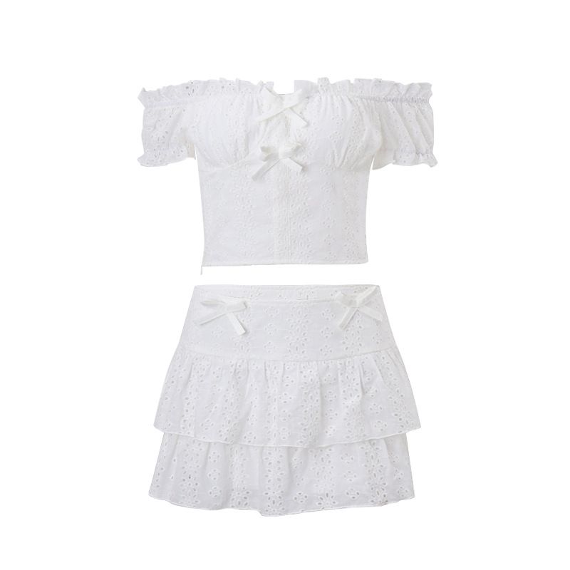Vêtements pour femmes, hauts à manches bouffantes, jupe à volants, ensemble deux pièces_voghion.com