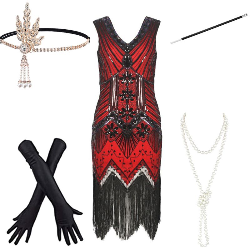 Female 1920s Gatsby Ball Sparkle Tassel Set Banquet Party Evening Dress Women's Wear_voghion.com