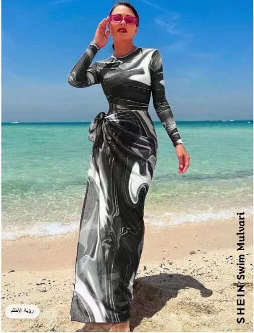 Costume da bagno musulmano da donna, a maniche lunghe, conservatore, lungo, stampato, per le vacanze e la spiaggia_voghion.com