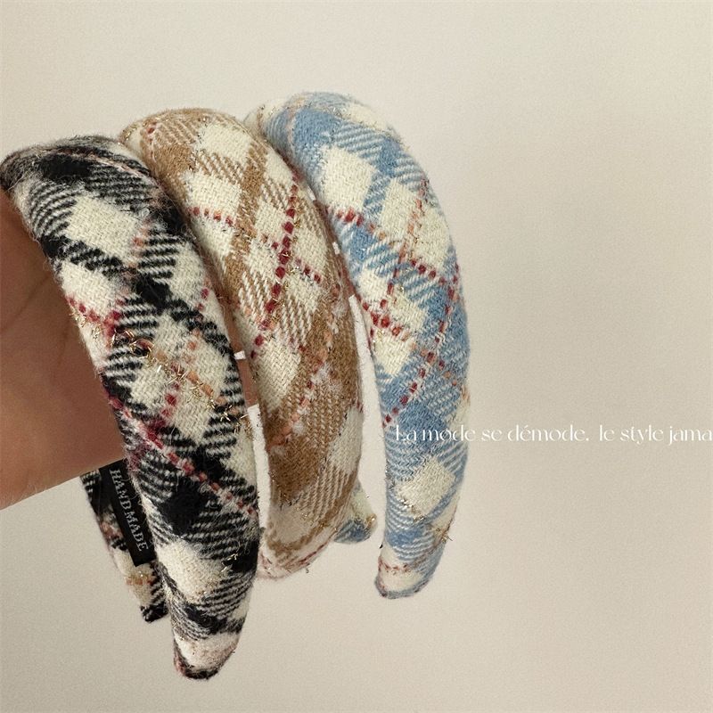 Stile coreano dolce Fashion Net Rosso nuovo colore plaid tessuto spugna fascia retro fascia larga copricapo per le donne_voghion.com