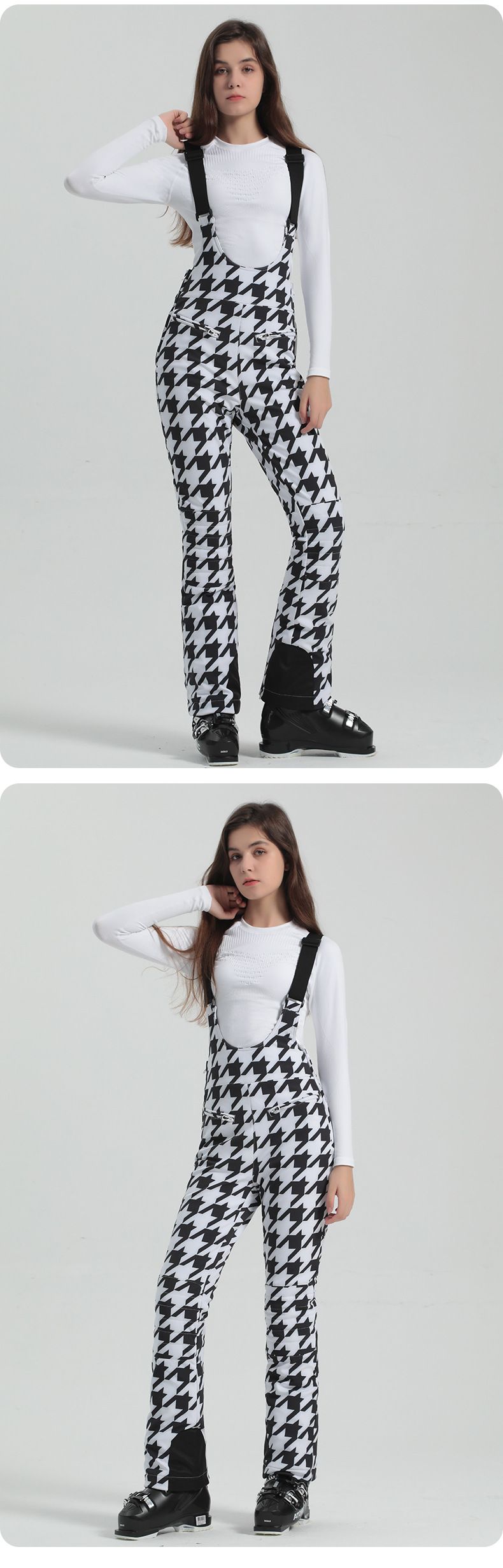 New Women's Ski With Straps, Double Board Elastic Slim Fit, Windproof, Waterproof, Outdoor Black Warm Snow Pants_voghion.com