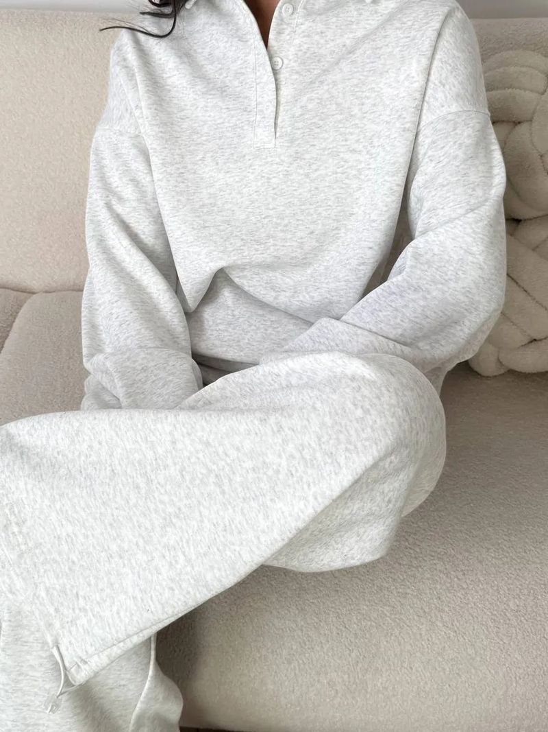 Set sportivi casual da donna, tinta unita, maniche lunghe, pullover con revers abbottonato, felpa, pantaloni con lacci, completo due pezzi_voghion.com