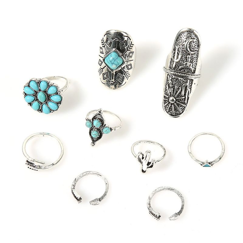Jewelry Cactus Turquoise Sunflower 9-piece Alloy Set Ring_voghion.com