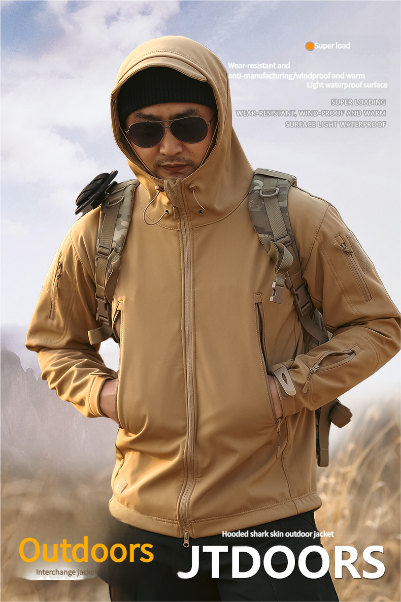 Outdoor Camouflage Kälteschutz Drei-in-Eins-Jacke Herren Warm Wasserdicht Fleecegefüttert Herbst Winter Softshell Multi-Tasche_voghion.com