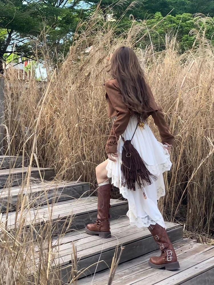 Vintage Autumn Winter Melad Design Lace-up Short Jacket Waist-cinching Irregular Dress Set_voghion.com