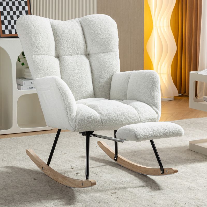 009B Fauteuil à bascule rembourré en tissu tissé Teddy blanc avec pouf dissimulé_voghion.com