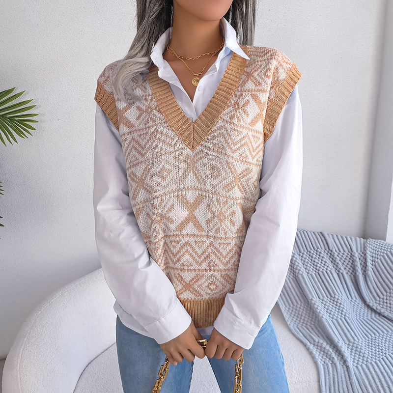 2023 Autumn And Winter Christmas Snowflake Pattern V-Neck Knitted Vest Sweater Women's Clothing_voghion.com
