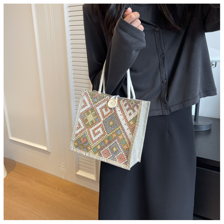 Ethnic Style Canvas Bag for Women, New Fashion for Going Out, Portable Linen Lunch Box, Bento Bag, Hand-held Mommy Bag_voghion.com
