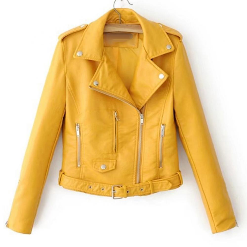 Lady Leather Long Sleeve Lapel Zipper Button Pocket Motorcycle Jacket Short Coat_voghion.com