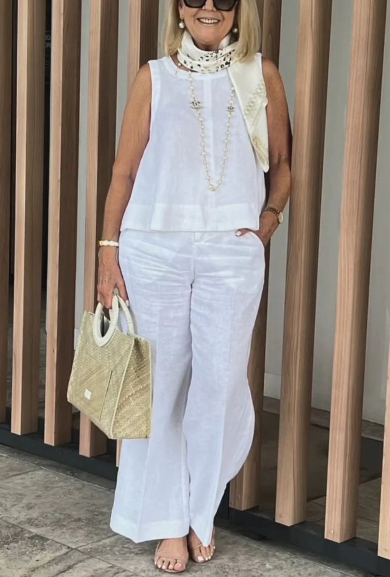 Abbigliamento da donna, completo in cotone e lino, top senza maniche, pantaloni a gamba larga, completo due pezzi_voghion.com