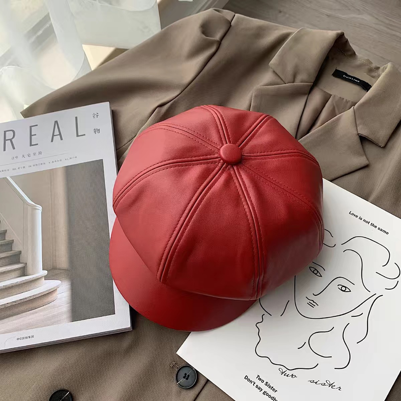 Béret en PU pour femmes et filles, casquette rétro, couleur unie, dôme octogonal, hiver, automne, France, bérets réglables en Faux cuir pour_voghion.com