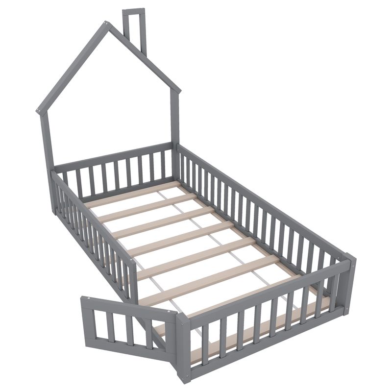 Hausbett 90x200cm in Schornsteinform, Kiefernholz, Grau_voghion.com