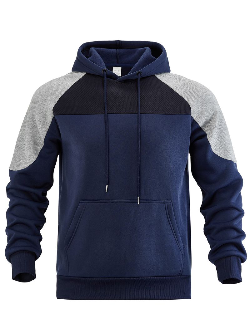 Felpa con cappuccio color-block da uomo: pullover alla moda con pannelli a contrasto e vestibilità comoda (grigio chiaro/nero/kaki/blu navy)_voghion.com
